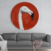 Witte flamingo in een rode cirkel – Rond Glasschilderij