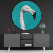 Witte flamingo in een petrolkleurige cirkel – Rond Glasschilderij