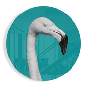 Witte flamingo in een petrolkleurige cirkel – Rond Glasschilderij