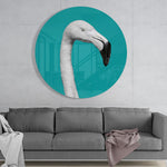 Witte flamingo in een petrolkleurige cirkel – Rond Glasschilderij