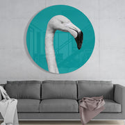 Witte flamingo in een petrolkleurige cirkel – Rond Glasschilderij