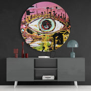 Roze graffiti-oog met krabbellijnen – Rond Glasschilderij