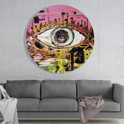 Roze graffiti-oog met krabbellijnen – Rond Glasschilderij