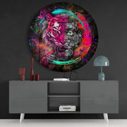 Magenta tijger met tandwielen – Rond Glasschilderij
