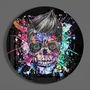 Popart-schedel met pompadour – Rond Glasschilderij