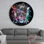 Popart-schedel met pompadour – Rond Glasschilderij