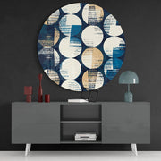 Collage van verweerde blauwe stippen – Rond Glasschilderij