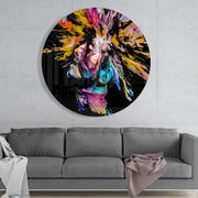 Gezicht met regenboogverfspatten – Rond Glasschilderij