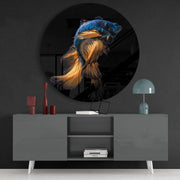 Blauwe betta met gouden staart – Rond Glasschilderij