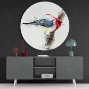Roodkuifvogel met aquarelspetters – Rond Glasschilderij