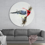Roodkuifvogel met aquarelspetters – Rond Glasschilderij