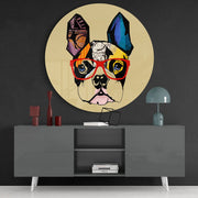 Popart-bulldog met rode bril – Rond Glasschilderij
