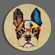Popart-bulldog met rode bril – Rond Glasschilderij
