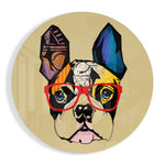 Popart-bulldog met rode bril – Rond Glasschilderij