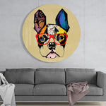 Popart-bulldog met rode bril – Rond Glasschilderij