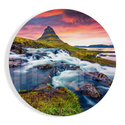 Waterval bij Cone Peak onder een karmozijnrode hemel – Rond Glasschilderij