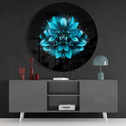 Gloeiende turquoise dahlia – Rond Glasschilderij