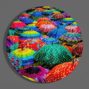 Regenboogparaplu's met stippen – Rond Glasschilderij