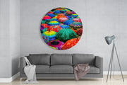 Regenboogparaplu's met stippen – Rond Glasschilderij