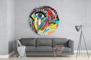 Abstract gezicht met krabbel-oog – Rond Glasschilderij