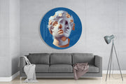 Blauw standbeeldhoofd met perzikkleurige stippen – Rond Glasschilderij