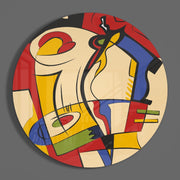 Abstracte kubistische bogen in primaire kleuren – Rond Glasschilderij