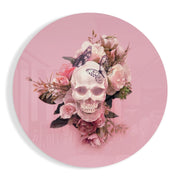 Schedel met roze rozen en vlinders – Rond Glasschilderij