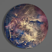 Donkerblauwe en gouden kosmische inkt – Rond Glasschilderij
