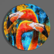 Twee oranje flamingo's op blauw – Rond Glasschilderij
