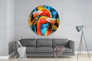 Twee oranje flamingo's op blauw – Rond Glasschilderij