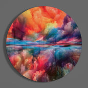 Oranje-blauwe vurige wolken – Rond Glasschilderij