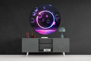 Witte neoncirkel met violette bellen – Rond Glasschilderij