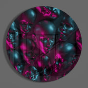 Neonroze en petrolkleurige mannequinhoofden – Rond Glasschilderij
