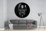 Reflecterende schedel van zwart obsidiaan – Rond Glasschilderij