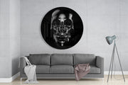 Reflecterende schedel van zwart obsidiaan – Rond Glasschilderij
