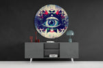Geometrisch mozaïek met blauw oog – Rond Glasschilderij
