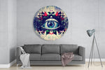 Geometrisch mozaïek met blauw oog – Rond Glasschilderij