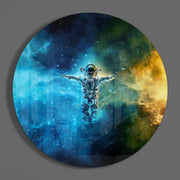 Astronaut in petrolblauwe en gouden kosmos – Rond Glasschilderij