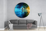 Astronaut in petrolblauwe en gouden kosmos – Rond Glasschilderij