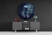 Astronaut in glitch-pixelstijl – Rond Glasschilderij