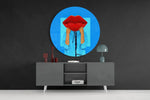 Popart-gezicht met rode lippen en blauw – Rond Glasschilderij