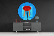 Popart-gezicht met rode lippen en blauw – Rond Glasschilderij