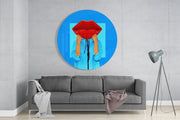 Popart-gezicht met rode lippen en blauw – Rond Glasschilderij