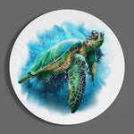 Zeeschildpad in blauwe inkt – Rond Glasschilderij