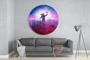 Astronaut in magenta bloemenveld – Rond Glasschilderij