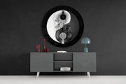 Monochrome schedel met koptelefoon – Rond Glasschilderij