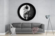 Monochrome schedel met koptelefoon – Rond Glasschilderij