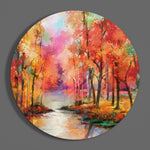 Vurige herfstbomen langs de rivier – Rond Glasschilderij