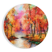 Vurige herfstbomen langs de rivier – Rond Glasschilderij