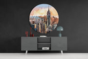 New York-skyline bij zonsondergang in aquarelstijl – Rond Glasschilderij